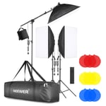 Neewer 3-Pack 2.4G LED Softbox Lighting Kit with Color Filter: 20"x28" Softbox, 3200-5600K 48W Dimmable LED Light Head with 2.4G Remote, Light Stand, Boom Arm, Bag for Photo Studio Video Shooting