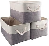 Mangata Canvas Storage Box set of 3, Foldable Fabric Storage Baskets with Handles for Cupboards, Wardrobe, Shelves, Bathroom, Clothes, Toys, Towel (Medium, Grey White)