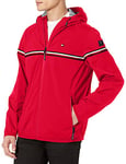 Tommy Hilfiger Men's Lightweight Active Water Resistant Hooded Rain Jacket, Red Tricolor Stripe, L