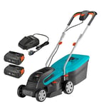 GARDENA Battery Lawnmower PowerMax 32/36V P4A Ready-to-use: Lawnmower for lawns up to 200 m², 32 cm Cutting Width, 30 l Collector Volume, Cutting Height 20–60 mm, w/ 2 x 18 V P4A Batteries (14621-28)