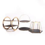 Serveware Set with 2-Tier Brass Cake Stand; 2-Tier Geometric Brass Serving Stand & Glass Serving Cloche with Slate Bases