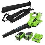 Greenworks GD40BVK2X Aspirateur Souffleur Sans fil de Feuilles à Batterie avec Moteur Sans Balais, 280 km/h, 9,63 m³/min, Sac pour Mulching de 45L, Deux Batteries 40V 2Ah et Chargeur, Garantie 3 Ans