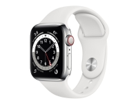 Apple Watch Series 6 (GPS + Cellular) - 40 mm - rostfritt stål i silver - smart klocka med sportband - fluoroelastomer - vit - bandstorlek: S/M/L - 32 GB - Wi-Fi, Bluetooth - 4G - 39.7 g