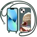 CaseLover Coque avec Cordon Compatible avec iPhone 13, Noël Coque de Cellulaire Corde Silicone Étui en Motif Père Noël avec Réglable Collier Téléphone Chaîne Lanyard Case Housse pour iPhone 13, Vert