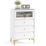 COSTWAY Commode Chambre, Armoire Cuisine avec Porte en Verre Strié Basculante, Tiroirs Coulissants, Pieds Métalliques Dorés, Kit Anti-Basculement, Armoire Vitrine (3 Tiroirs)
