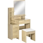 Ensemble coiffeuse tabouret design contemporain multi-rangement 4 tiroirs 4 étagères grand miroir aspect chêne clair blanc - Beige