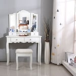 Hofuton Grande Coiffeuse, Table de Maquillage, avec Miroir à 3 Volets, 4 Tiroirs et 1 Tabouret, Style Champêtre, Blanc