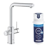 GROHE Blue Pure Minta Kitchen Sink 3 Ways Pull Out Mixer Tap with Under Sink Water Filter Activated Carbon Filter Starter Set (High L-Spout 360°, Capacity 1500 L, Tails 3/8″, Easy to Fit), Chrome