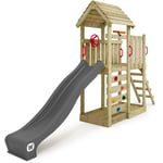 Aire de jeux Portique bois JoyFlyer avec toboggan Maison enfant exterieur avec bac à sable, échelle d'escalade & accessoires de jeux - anthracite