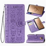 Samsung Galaxy S9 Case, SATURCASE Cute Cat and Dog PU Leather Flip Magnet Wallet Stand Card Slots Protective Case Cover with Hand Strap for Samsung Galaxy S9 (Purple)