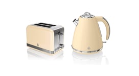 Swan, STP7040CN, Retro 1.5L Jug Kettle & 2 Slice Toaster, Stainless Steel Body, 3kw, Slide Out Crumb Tray, Auto-Centering (Cream)