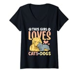 Womens This Girl Loves Cats And Dogs Lover Cat Dog V-Neck T-Shirt