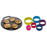 KitchenCraft Round Baking Stone/Cooking Griddle, Cast Iron, Black, 27 cm & Colourworks Plastic Plain and Fluted Round Cookie Cutters, Multi-Colour, Set of Six
