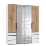 Inside75 Armoire LISBETH 2 portes chêne 6 tiroirs blanc miroir central 200 x 236 cm hauteur