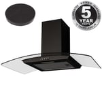SIA CGH90BL 90cm Black Curved Glass Chimney Cooker Hood Extractor Fan And Filter