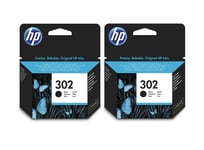 2x HP Original 302 Black Ink Cartridges For DeskJet 2132 Inkjet Printer, F6U66AE