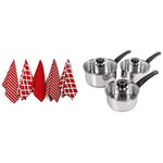 Penguin Home Morphy Richards Saucepans Sets With Lids, Stay Cool Handles, Themocore Technology, Stainless Steel Pan Set, 3 Piece 100% Cotton Tea Towel Set of 5 - Stylish Red Design - 65 x 45cm