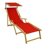 Chaise longue de jardin rouge pliante, repose-pieds, pare-soleil, bois naturel 10-308NFS