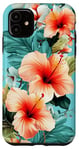 iPhone 11 Cute Turquoise Hibiscus Flower Tropical Aesthetic Floral Case