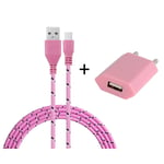 Pack Chargeur pour Manette Playstation 4 PS4 Smartphone Micro USB (Cable Tresse 3m Chargeur + Prise Secteur USB) Murale Android (ROSE PALE) - Neuf