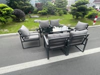 Aluminum Garden Furniture Dining Set Adjustable Rising Lifting Table And Chairs Patio Outdoor 6 Seat Black Tempered Glass Dark Grey
