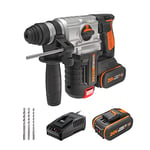 WORX NITRO - Marteau perforateur sans fil Brushless - 3 en 1-20V-4Ah - WX380 ⌀13-27mm - 2,2J (Livrée avec batterie et chargeur, poignée auxiliaire, butée de profondeur, mandrin SDS + et coffret)