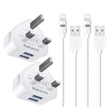 Phone Charger Plug and Cable,2Pack Dual USB Wall Charger Plug Adapter UK with 2 Pack 2M Phone Charging Lead Cord wire2.1A Fast Charging for iPad iPhone 12 Xs/Xs Max/XR/X 8/7/6/6S Plus 11 10 SE,iPod