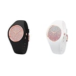 ICE-WATCH - Ice Glitter Black Rose-Gold - Montre Noire pour Femme avec Bracelet en Silicone - 001346 (Small) & Ice Lo White Pink - Montre Blanche pour Femme avec Bracelet en Silicone - 013427 (Small)