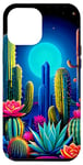 Coque pour iPhone 14 Plus Cactus au clair de lune du désert en fleurs de minuit