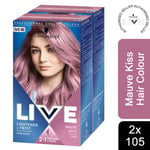 2x Schwarzkopf LIVE Mauve Kiss Purple Permanent Hair Dye, Lightener + Twist 105