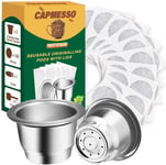 CAPMESSO Reusable Espresso Capsules Refillable Coffee Pod Stainless Steel Cups Compatible with Nespresso OriginalLine Brewer (2 Pods+100 Lids)