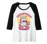 Womens Christmas in July - Santa Flamingo Floatie - Summer Xmas Raglan Baseball Tee
