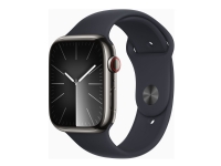 Apple Watch Series 9 (GPS + Cellular) - 45 mm - rustfritt grafittstål - smartklokke med sportsbånd - fluorelastomer - midnatt - båndbredde: S/M - 64 GB - Wi-Fi, LTE, UWB, Bluetooth - 4G - 51.5 g