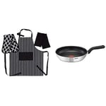 Penguin Home Tefal 30 cm Comfort Max, Induction Frying Pan, Stainless Steel, Non Stick Apron, Double Oven Glove and 2 Kitchen Tea Towels Set - Black/White