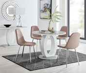 Giovani Round 4 Seat 100cm White High Gloss Halo Base Grey Glass Top Dining Table 4 Soft Faux Leather Silver Leg Corona Chairs