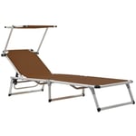 Helloshop26 - Transat chaise longue bain de soleil lit de jardin terrasse meuble d'extérieur pliable avec auvent aluminium et textilène marron