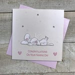 WHITE COTTON CARDS Pink Embroidered Bunny Congratulations Handmade Naming Day Card, BD71