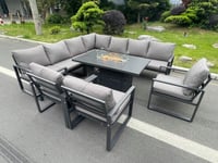 Aluminum Outdoor Garden Furniture Corner Sofa 3 PC Chairs Gas Fire Pit Dining Table Sets Gas Heater Burner Dark Grey 10 Seater