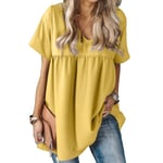 Kvinnor Loose Pleated V-neck T-shirt Dress Yellow Xl
