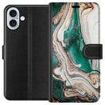 Apple iPhone 16 Plus Svart Plånboksfodral Grön / Guld marmor