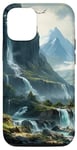 Coque pour iPhone 15 Pro joli paysage naturel vert, cascades, montagnes enneigées.