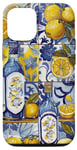 Coque pour iPhone 15 Pro Motif de carreaux bleus d'été italien avec citrons Art majolique
