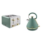 Tower T20051JDE Cavaletto 4-Slice Toaster with Defrost/Reheat, Stainless Steel, 1800 W, Jade and Gold & T10044JDE Cavaletto Pyramid Kettle with Fast Boil, Detachable Filter, 1.7L, 3000W, Jade and Gold