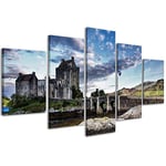 Impressions sur toile paysage écossais 087 tableaux modernes château Highlander en 5 panneaux déjà encadrés, prêt à être accroché, 200 x 90 cm