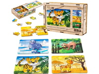 Puzzleok Träpussel 4In1 Vilda Djur Jigsaw Puzzle Giraff Sloth