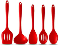 Khaleido - Kitchen Utensil Set - 5 Piece Silicone Kitchen Utensil Set PLUS Oven Mitts - BPA Free, Ergonomic Silicone Kitchen Utensils - Turner, Fish Slice, Ladle, Spoonula, Slotted Spoon & Spoon - Red