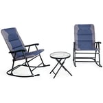 GOPLUS Salon de Jardin 2 Personnes Pliant,3 Pcs Ensemble de Fauteuil à Bascule et Table Basse Pliable 2 Chaise Berçante avec 1 Table Ronde en Verre Trempé pour Terrasses,Salon de Jardin (Bleu)
