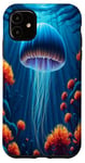 Coque pour iPhone 11 Méduse sous la mer entourée de corail et d'anémone de mer
