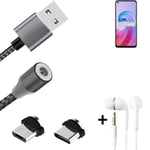 Data charging cable for + headphones Oppo A96 + USB type C a. Micro-USB adapter