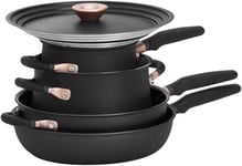 Meyer Accent Induction Hob Pan Set Non Stick - 6 Piece Stackable Pots and Pans Set with Universal Lids & Anti Spill Shape, Black, Stainless Steel & Non Stick